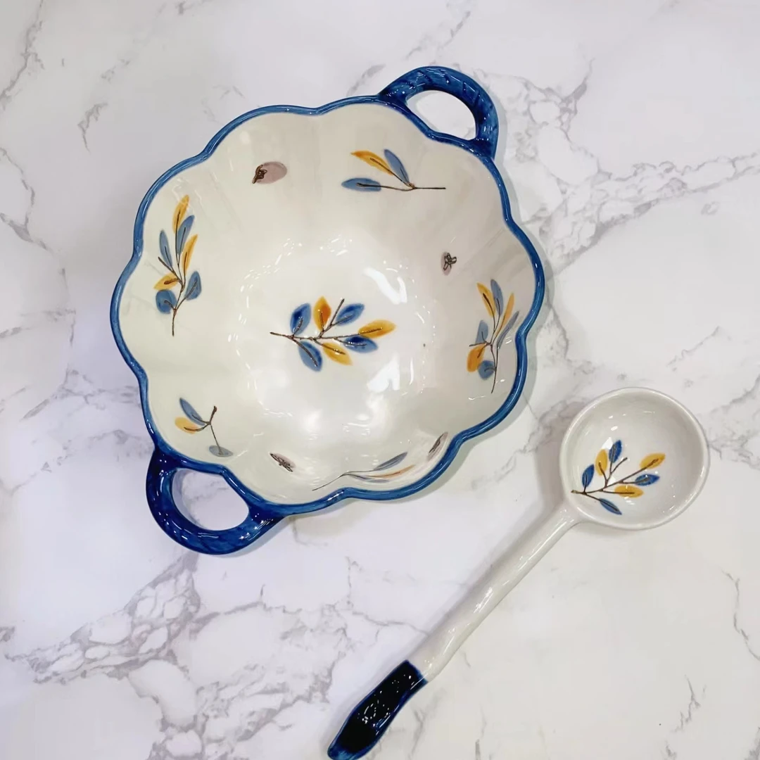 蓝幂花陶瓷双耳碗家用水果沙拉碗甜品碗勺子组合