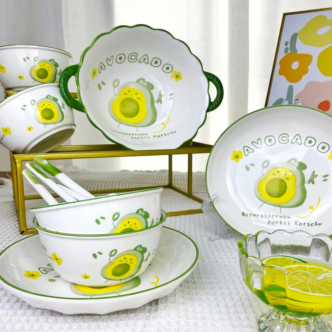 萌趣卡通牛油果11件套装家用米饭碗双耳陶瓷汤碗餐盘碗盘组合