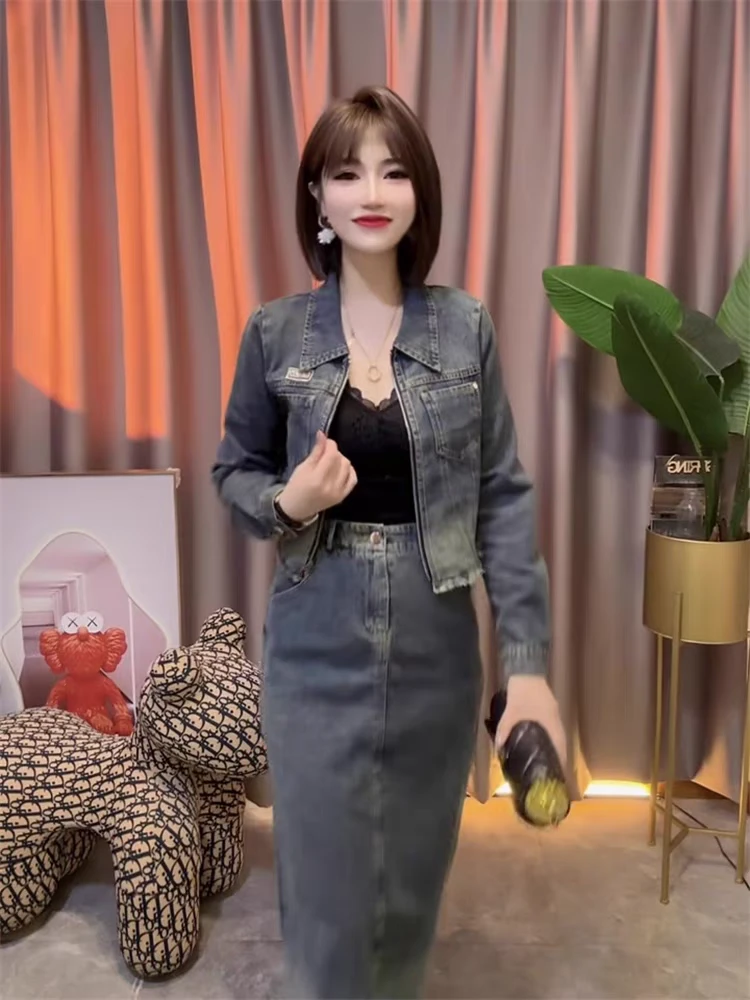 高端洋气纯色牛仔小众个性早秋网红爆款时尚女两件套上衣+半身裙