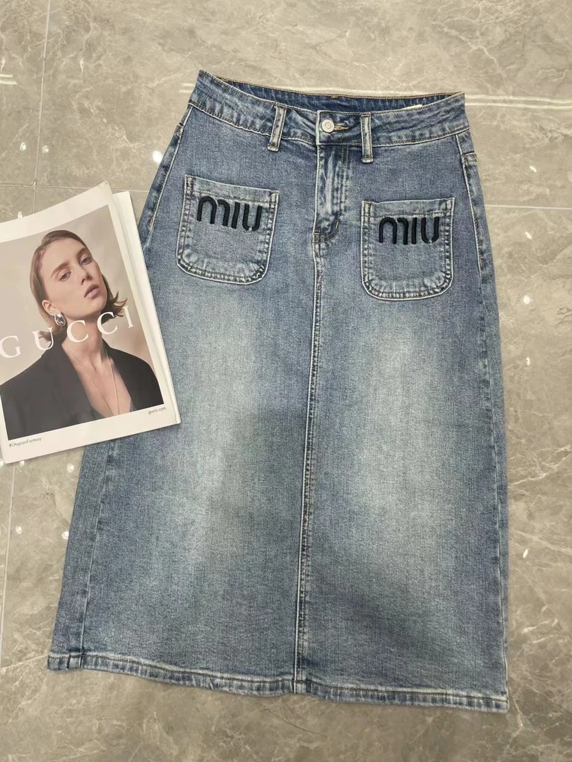 复古高腰半身牛仔裙女2024秋新款欧货中长款前开叉休闲包臀A字裙
