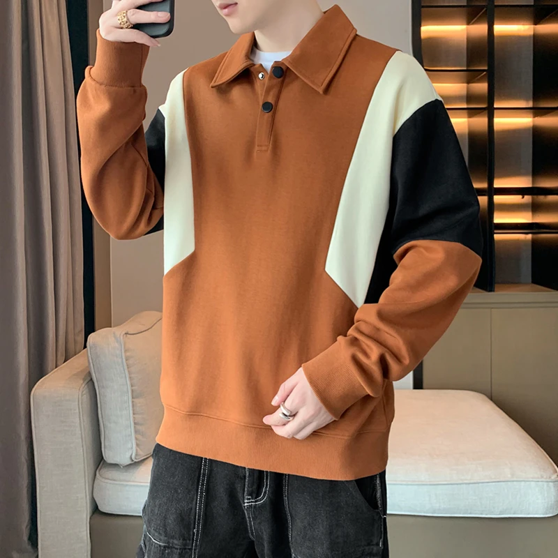 轻奢撞色polo衫男士长袖2023秋季拼色翻领保罗衫休闲潮流长袖T恤