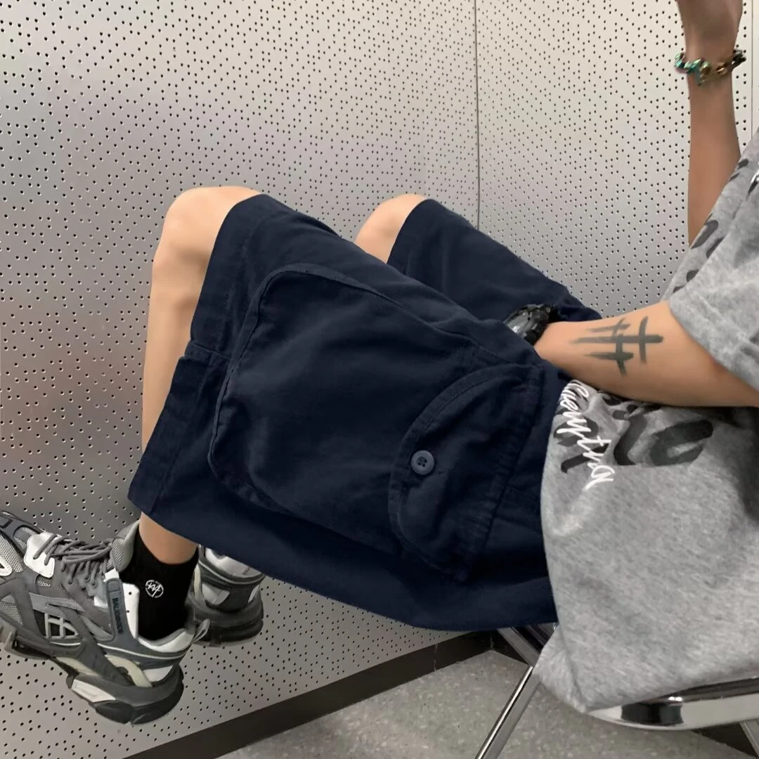 美式复古藏蓝色工装短裤男夏季潮牌日系cityboy裤子阔腿六七分裤