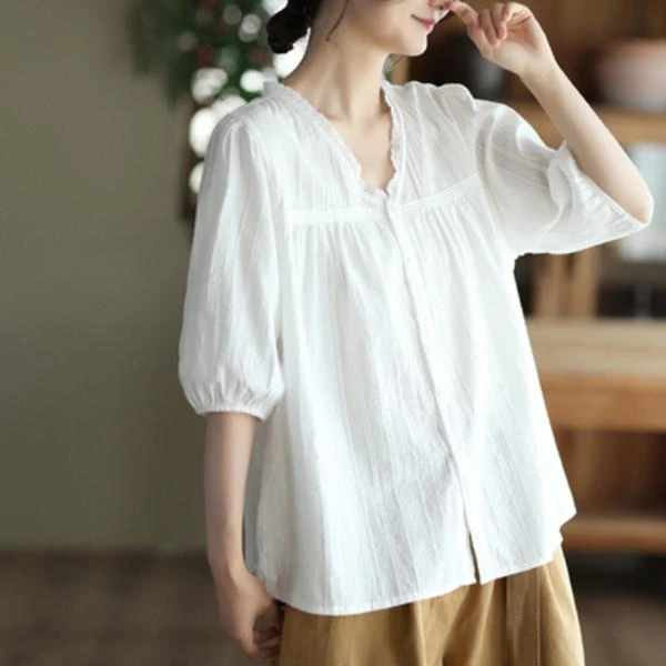 文艺花边V领全棉衬衫女休闲白色衬衣气质短袖上衣夏2025新款衬衫