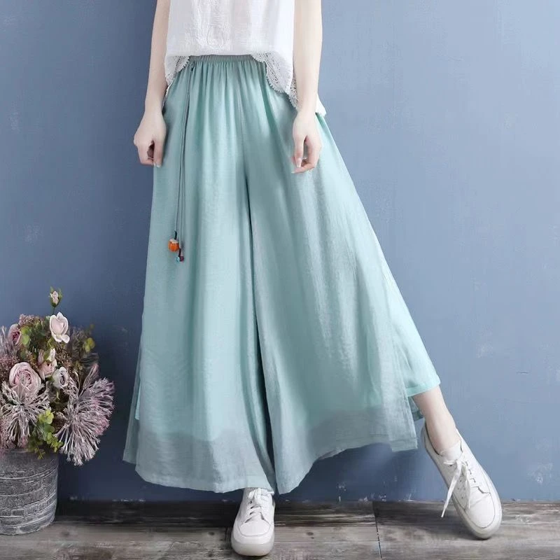 中国风春夏棉麻侧开衩双层阔腿裤女铃铛小南瓜挂坠文艺休闲裤