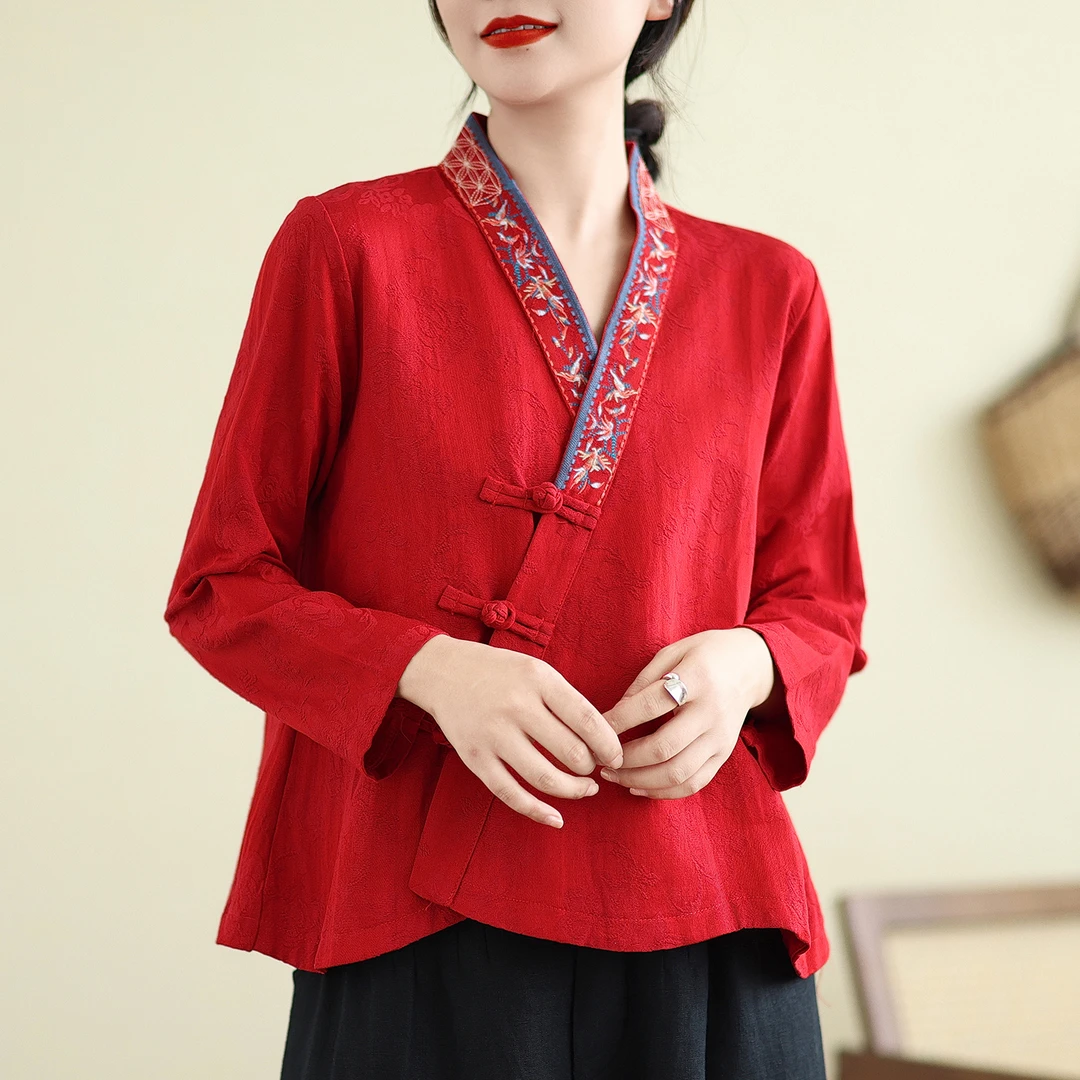 中国风复古门襟刺绣盘扣棉麻长袖开衫汉服女休闲宽松文艺衬衫上衣