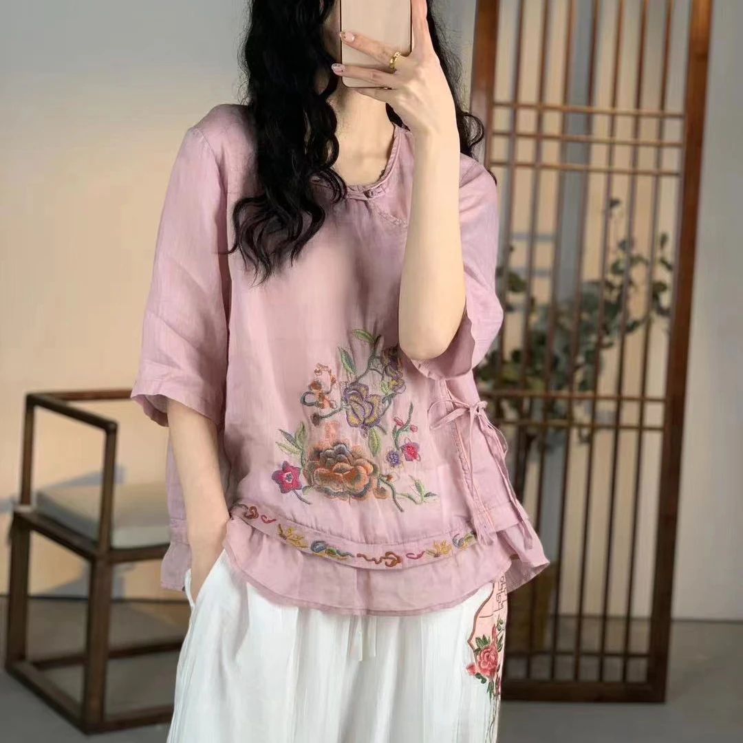 国风新中式刺绣拼接提花百搭休闲宽松薄款苎麻夏季衬衫上衣女