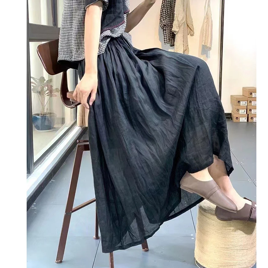 苎麻半裙女新款文艺范垂感文艺复古简约净色A摆长款苎麻长裙女