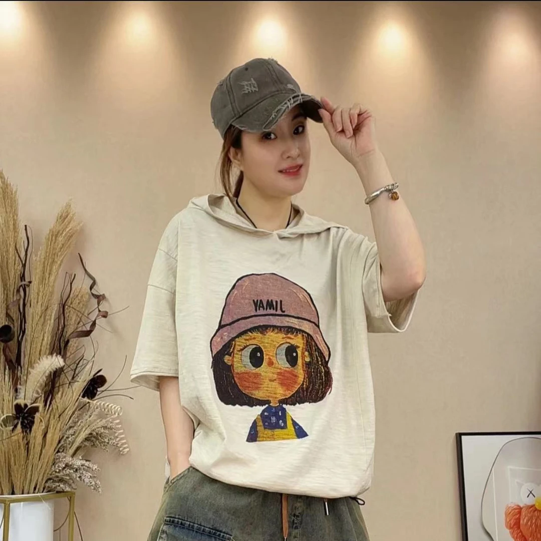 休闲印花连帽短袖T恤衫女2025夏季韩版新款时尚文艺宽松百搭上衣