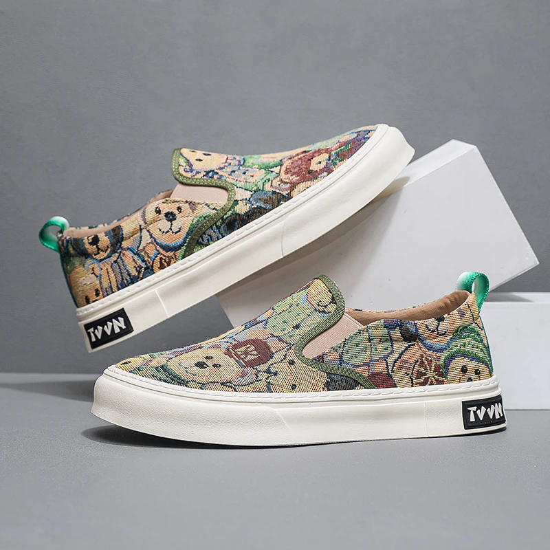 国潮韩版薄款男鞋男士休闲板鞋百搭夏季透气帆布鞋一脚蹬印花潮鞋