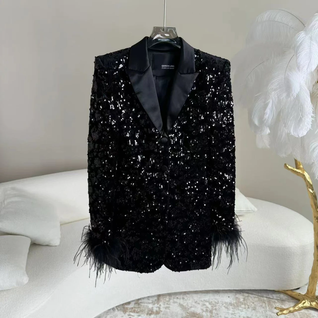 S300-孤品-黑色羽毛亮片西服