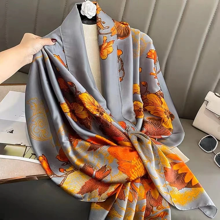 108E  秋意莲莲  防晒旗袍披肩外搭丝巾围巾大尺寸长巾90×180