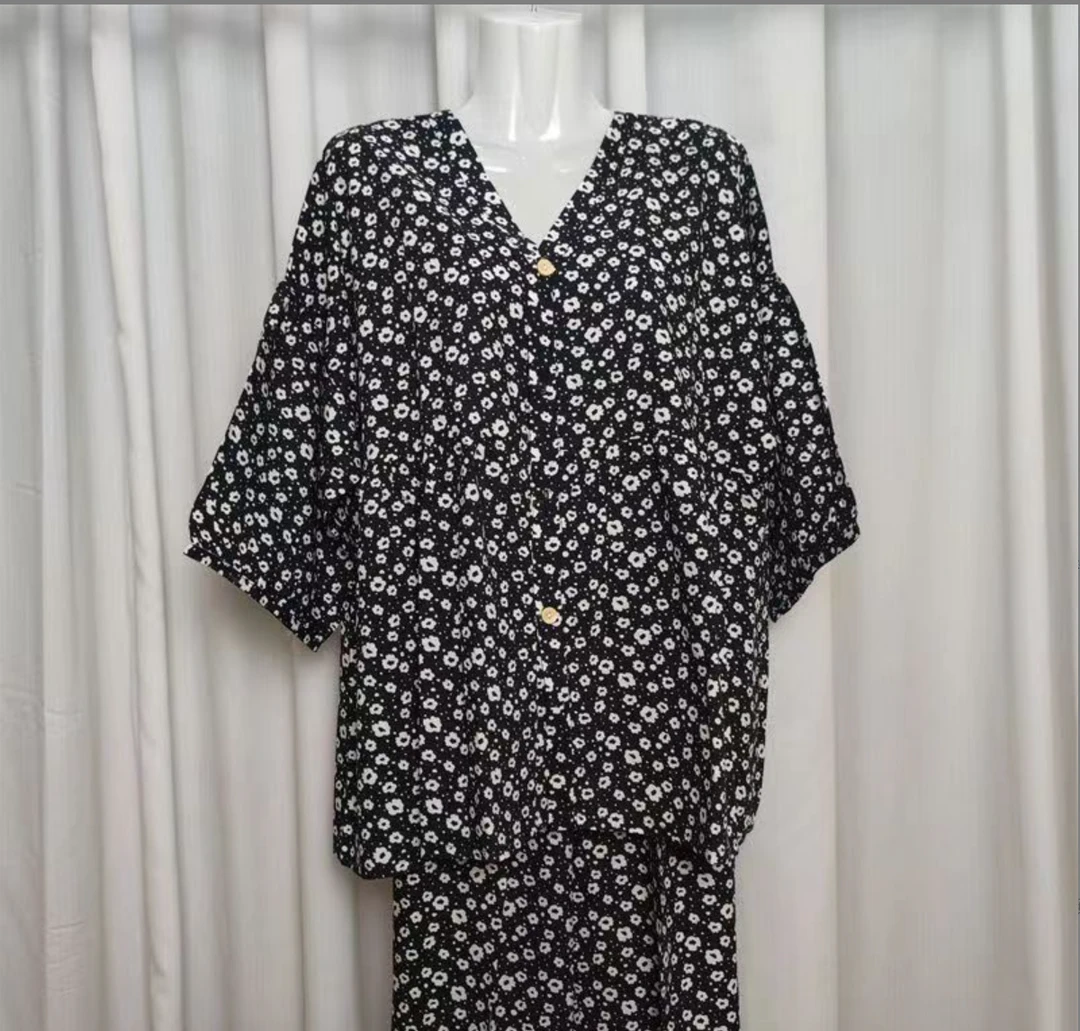 Y113小碎花黑底棉绸睡衣女春秋季长袖薄款服家居服绵绸套装夏
