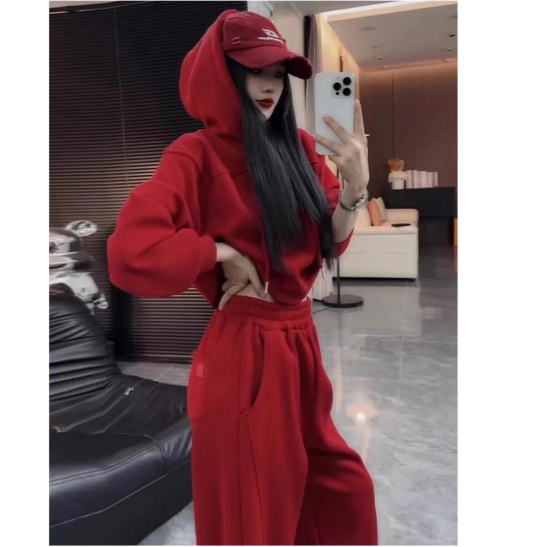 加厚加绒休闲运动两件套冬季新款韩版宽松保暖连帽卫衣阔腿裤套装