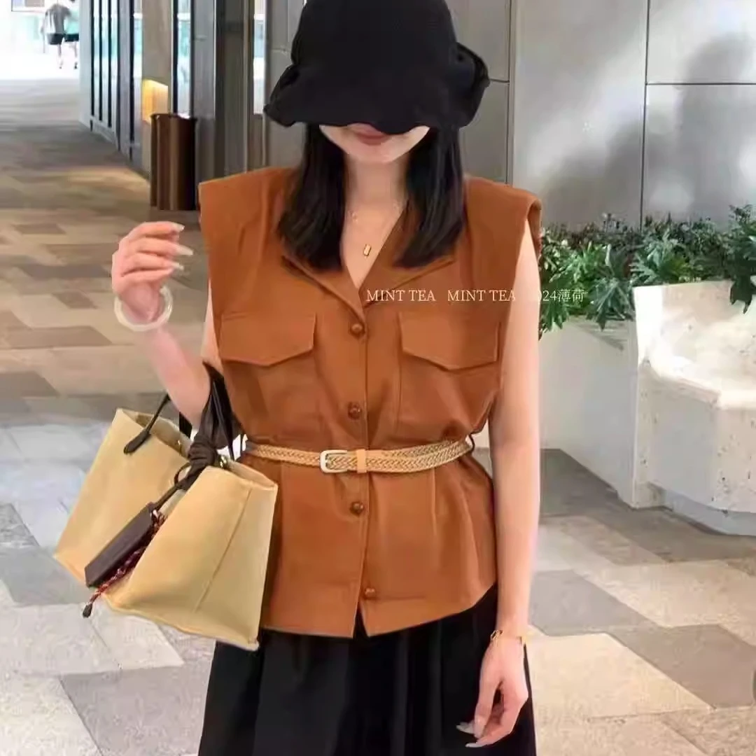 十三行女装24夏季新款韩版POLO领百搭显瘦单排扣气质马甲衬衫上衣