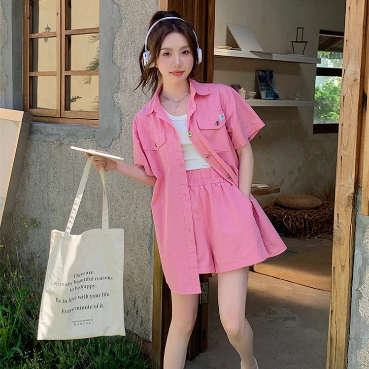 粉色衬衫套装女2025夏季新款多巴胺穿搭时尚休闲小个子短裤两件套