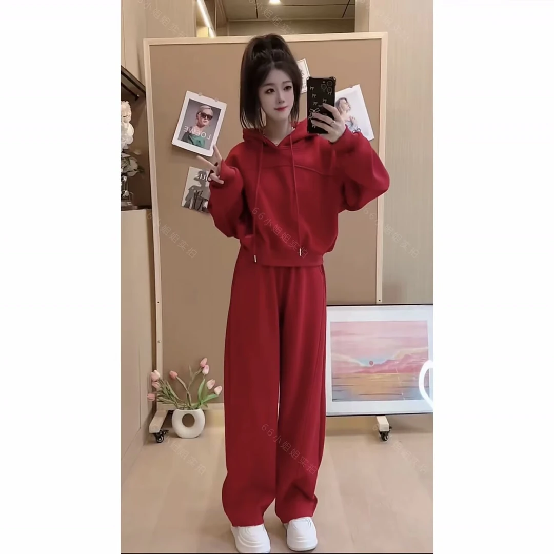 新年红加绒加厚连帽卫衣卫裤套装女秋冬新款宽松百搭红色两件套