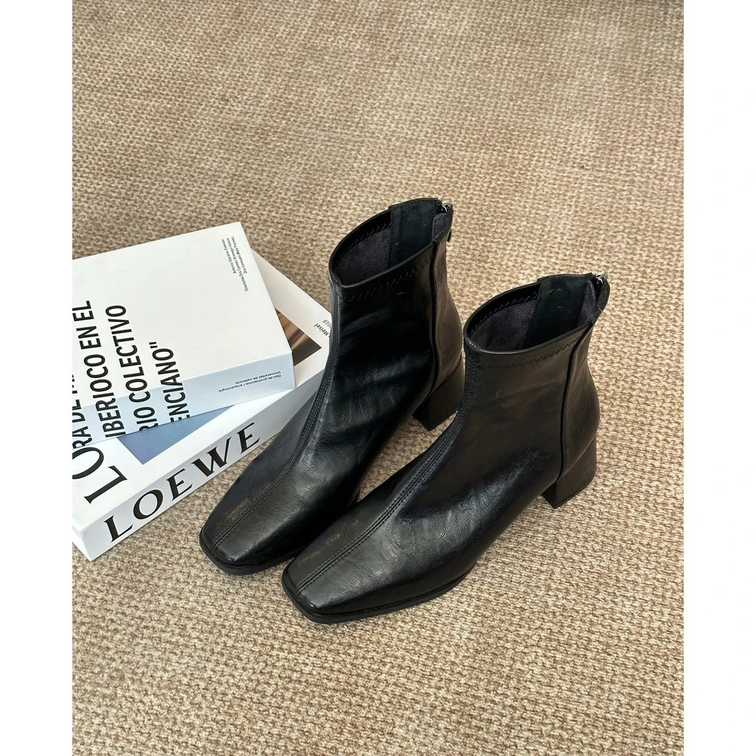 百搭方头瘦瘦靴法式粗跟弹力显瘦短靴 5888-2