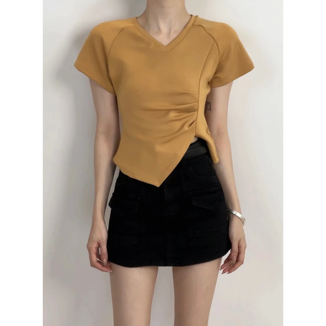 夏季V领正肩 修身显瘦褶皱斜边不规则上衣短袖FT009