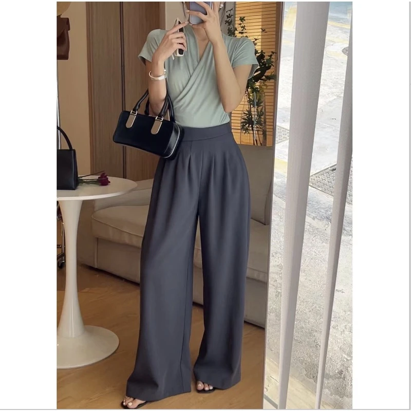 高级灰高腰小众翻边腰头别致设计垂感宽松阔腿裤 K033