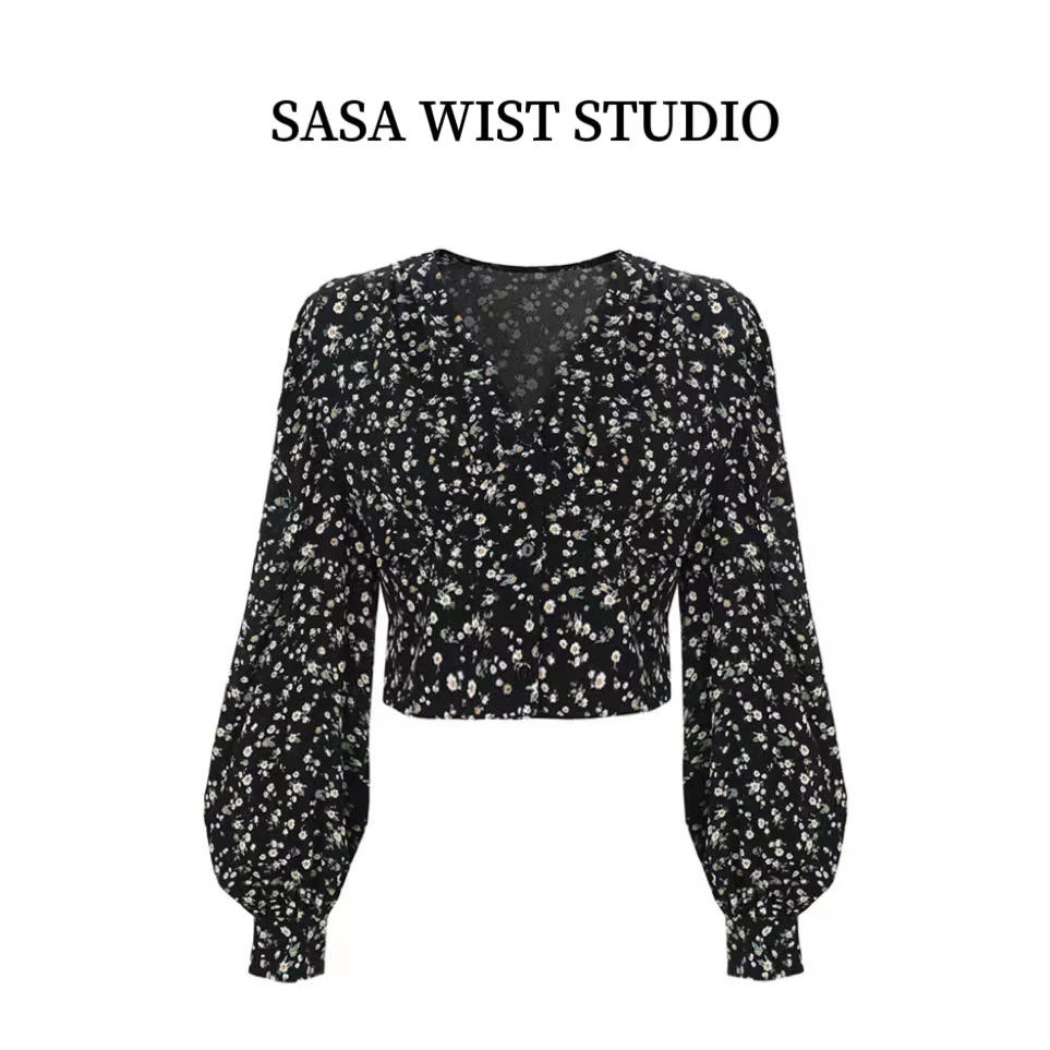 SASA STUDIO  法式复古碎花V领修身显瘦气质收腰衬衫C299