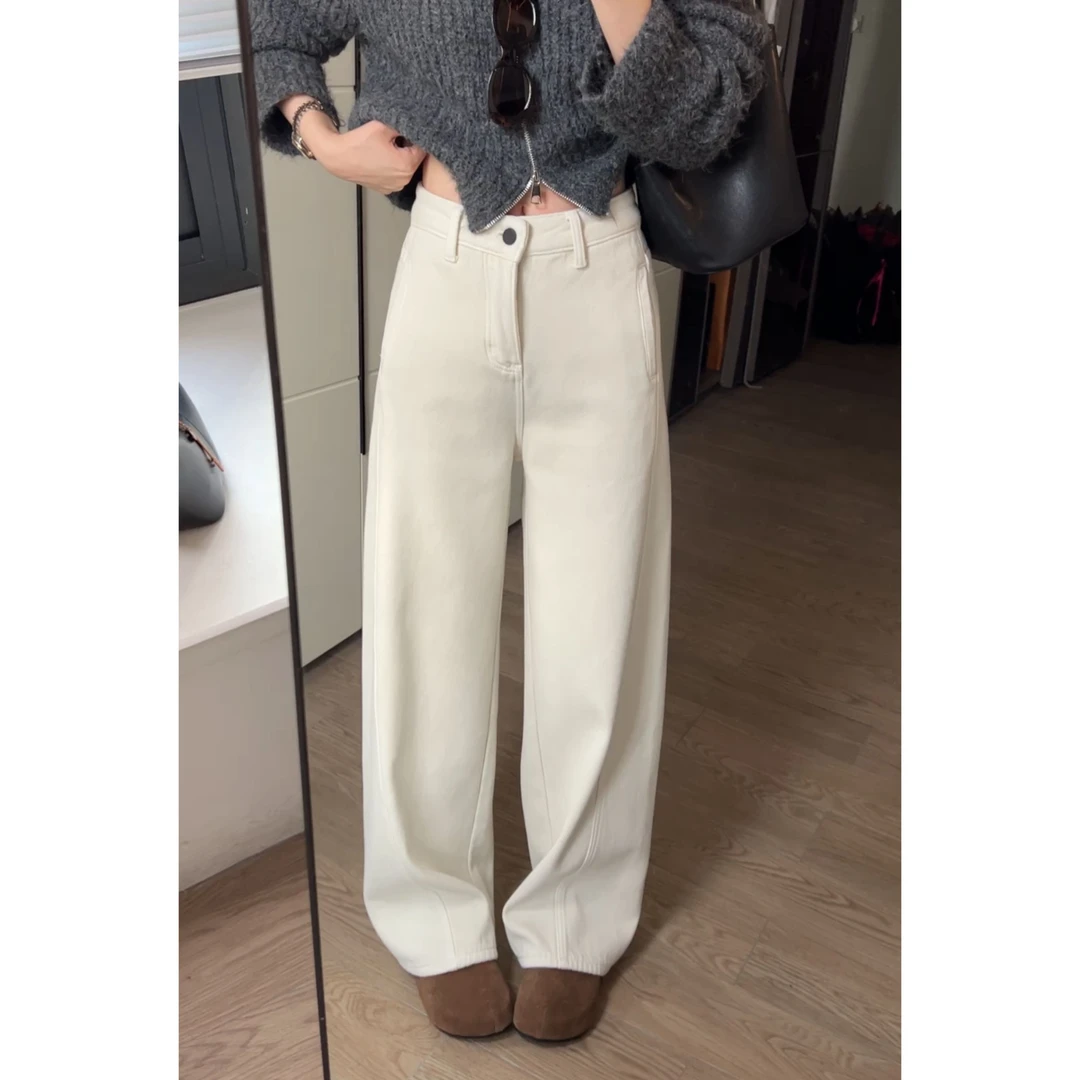 加绒加厚高腰宽松阔腿直通显瘦牛仔裤简约百搭时尚长裤 15023-26