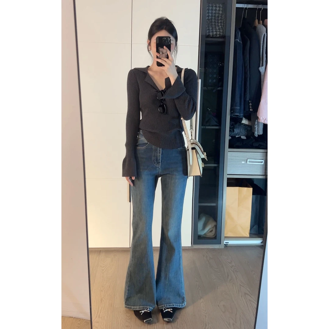 复古港风高腰水洗微喇牛仔裤时尚休闲修身双耳仔长裤 N7286-2