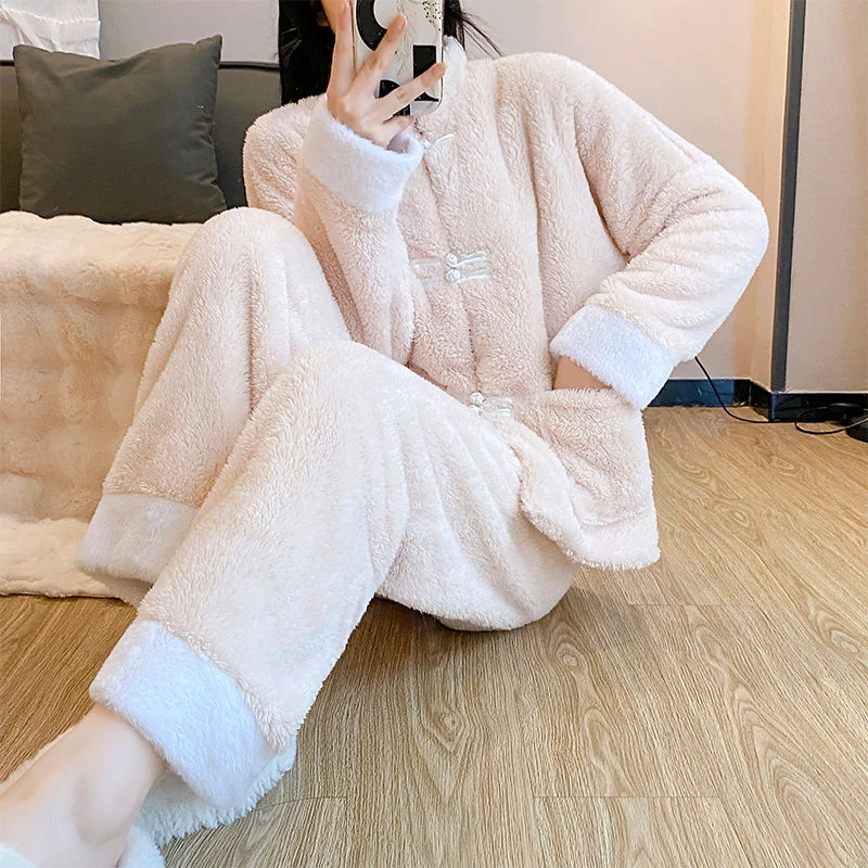 新款2024秋冬珊瑚绒睡衣女国风长毛法兰绒唐装外穿家居服保暖套装