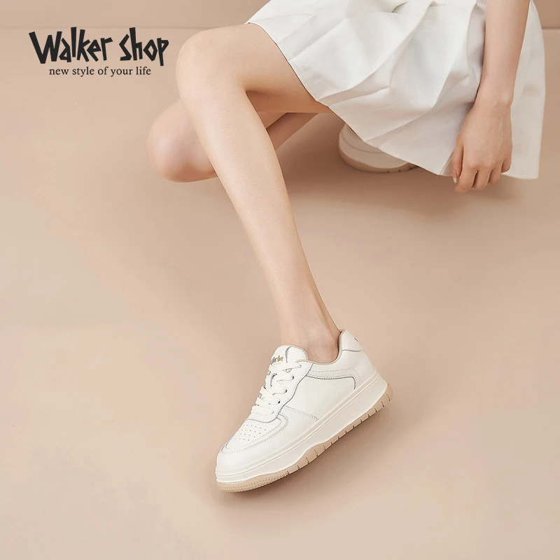 WalkerShop/奥卡索白色时尚百搭四季真皮春季厚底休闲女鞋平底