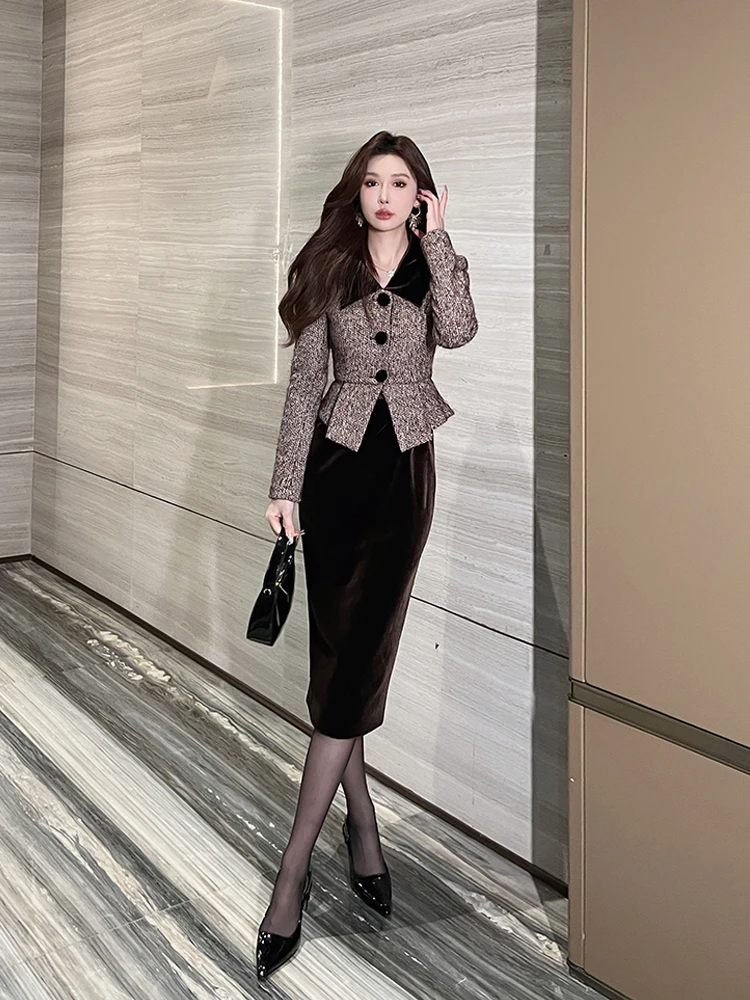 罗曼湾湾 小香风气质长袖时尚秋冬小西装+高腰显瘦半身裙时尚套装