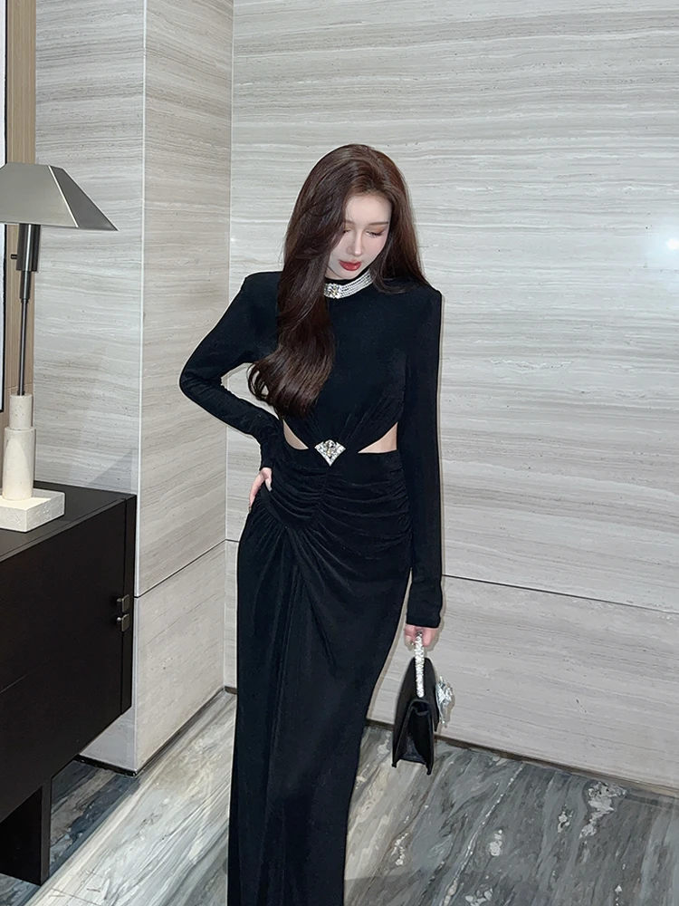 罗曼湾湾 半高领长袖性感露腰显瘦中长款连衣裙