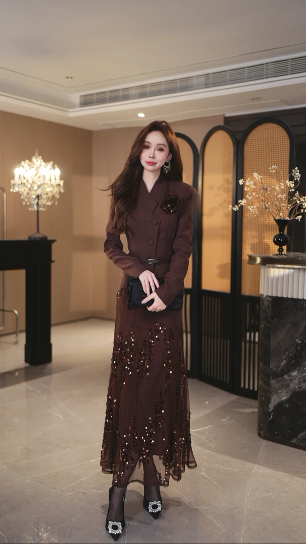 【现货】罗曼湾湾 高腰复古气质时尚法式设计师名媛收腰长裙