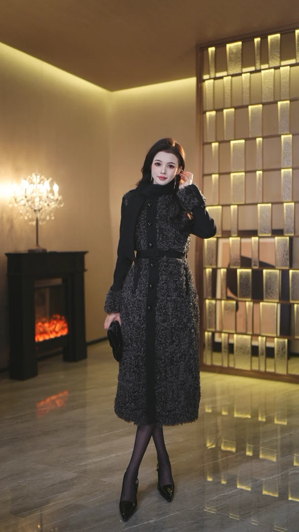 CICI定制 毛呢长袖大衣外套女毛绒秋冬时尚收腰显瘦黑色