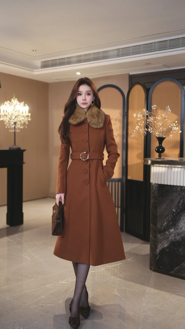 罗曼湾湾 咖色气质时尚大毛领中长款加厚秋冬风衣外套