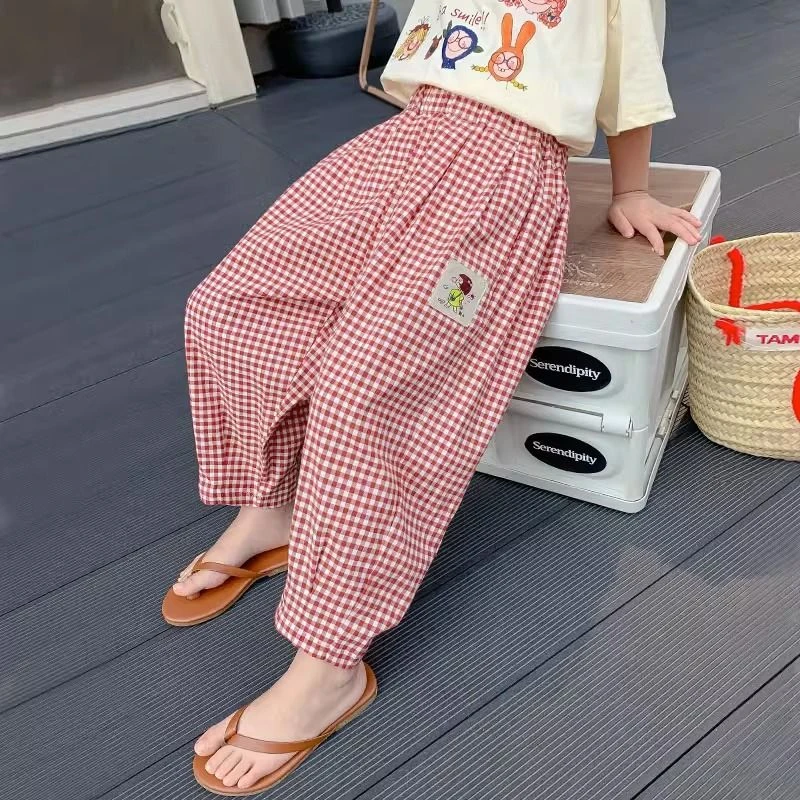 儿童裤子休闲裤洋气夏季薄款宽松防蚊裤中大童格子裤女童九分裤