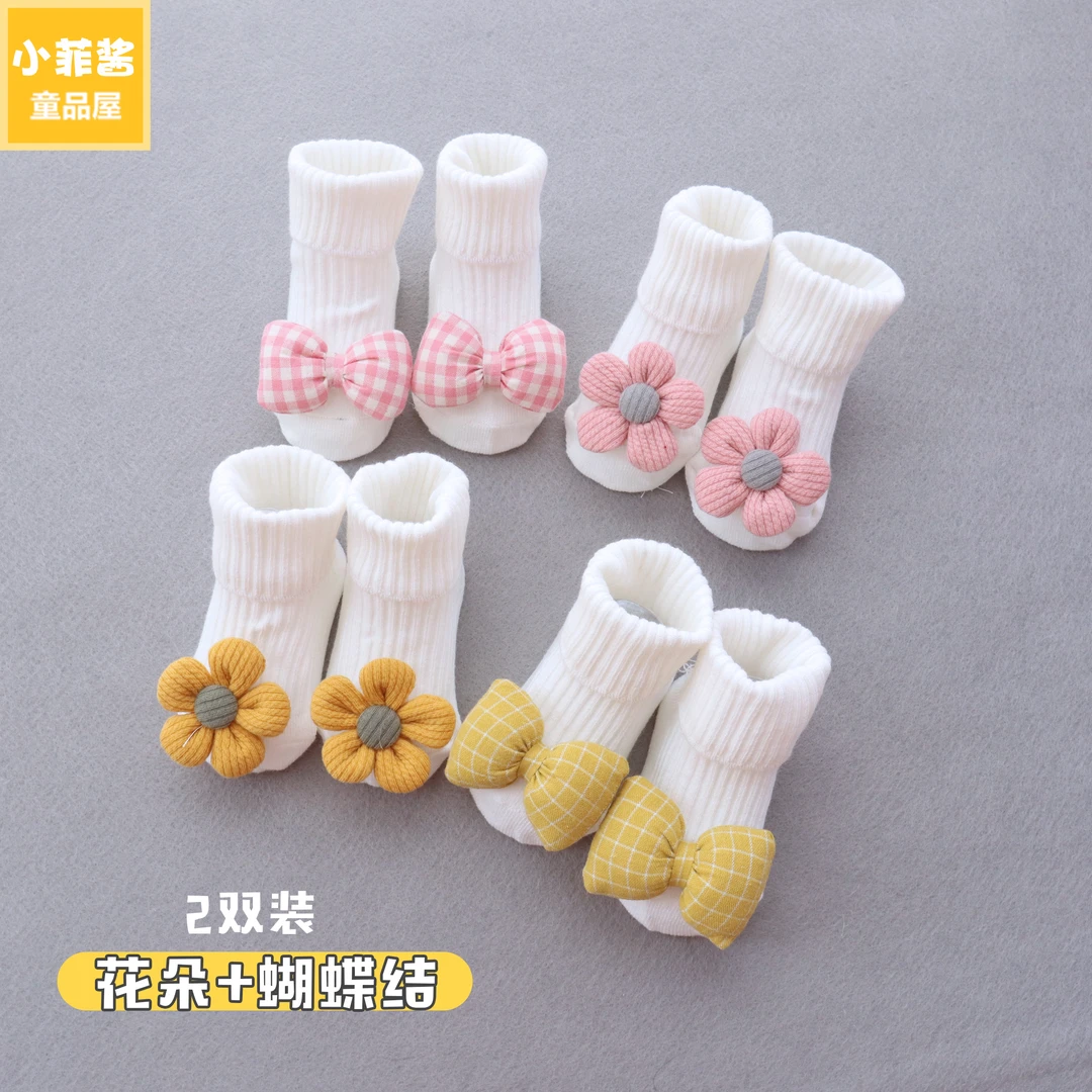新生婴儿袜子春秋棉蝴蝶结周岁百天可爱超萌公主宝宝中筒袜夏季