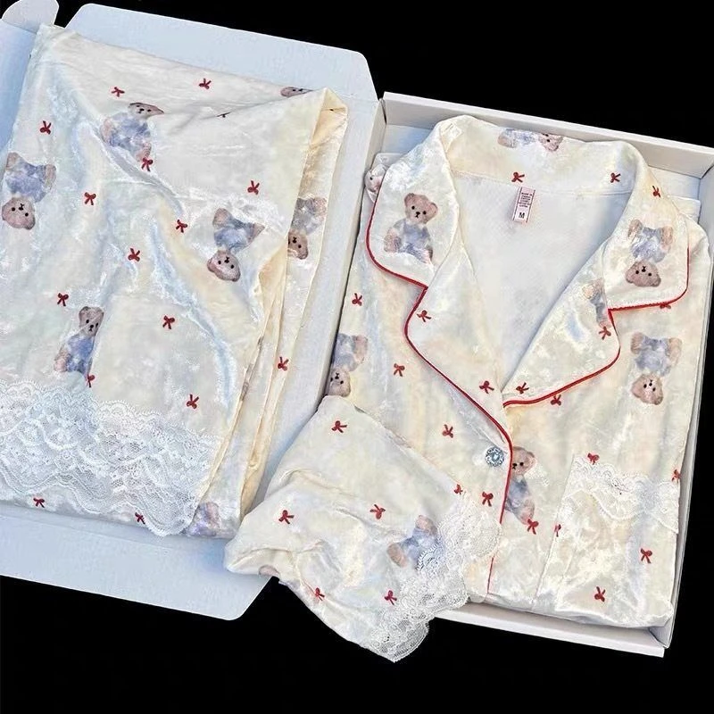 【小白熊】秋冬季新款卡通金钻绒睡衣女长袖甜美可爱金丝绒家居服