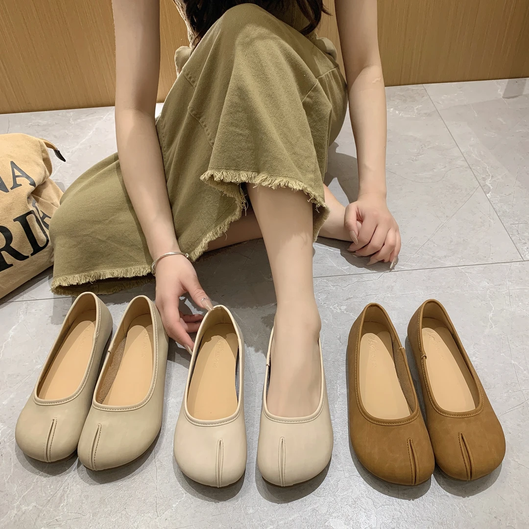 网红猪蹄鞋假分趾浅口豆豆鞋平底船鞋春秋新款软底小单鞋2024韩版