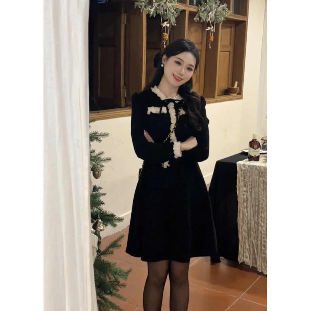 【米兰缪斯】秋冬赫本风气质收腰显瘦小个子设计感拼接花边连衣裙