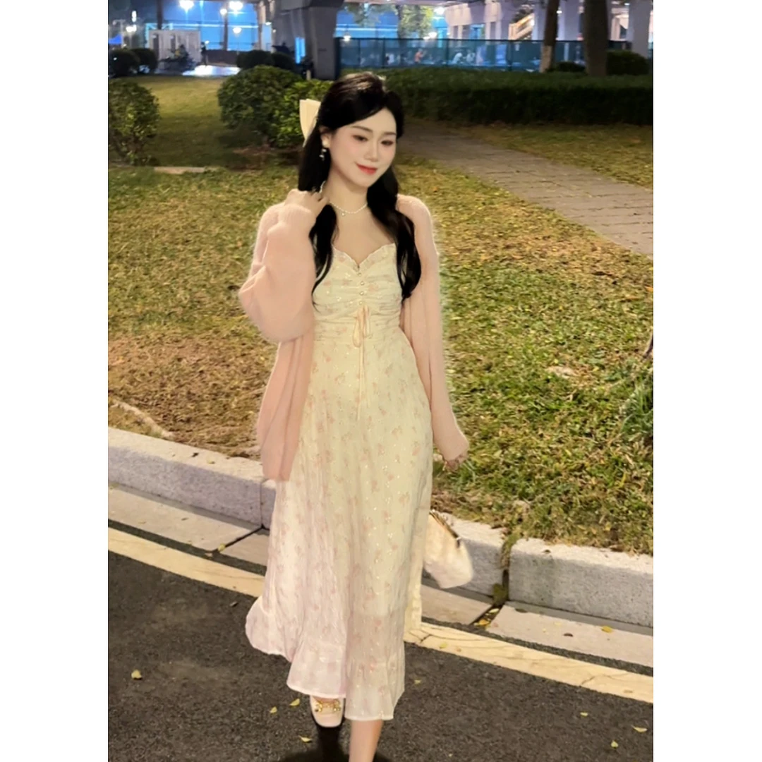 【山涧松茶】新年新款法式气质温柔收腰小个子外搭+吊带两件套A25