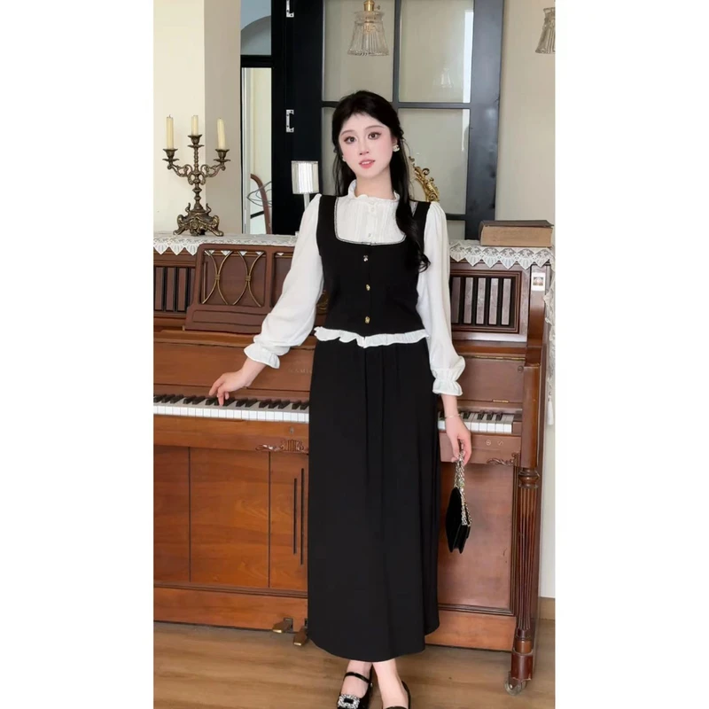 【宫廷秘语】早秋法式优雅减龄气质收腰撞色上衣＋半身裙两件套A22