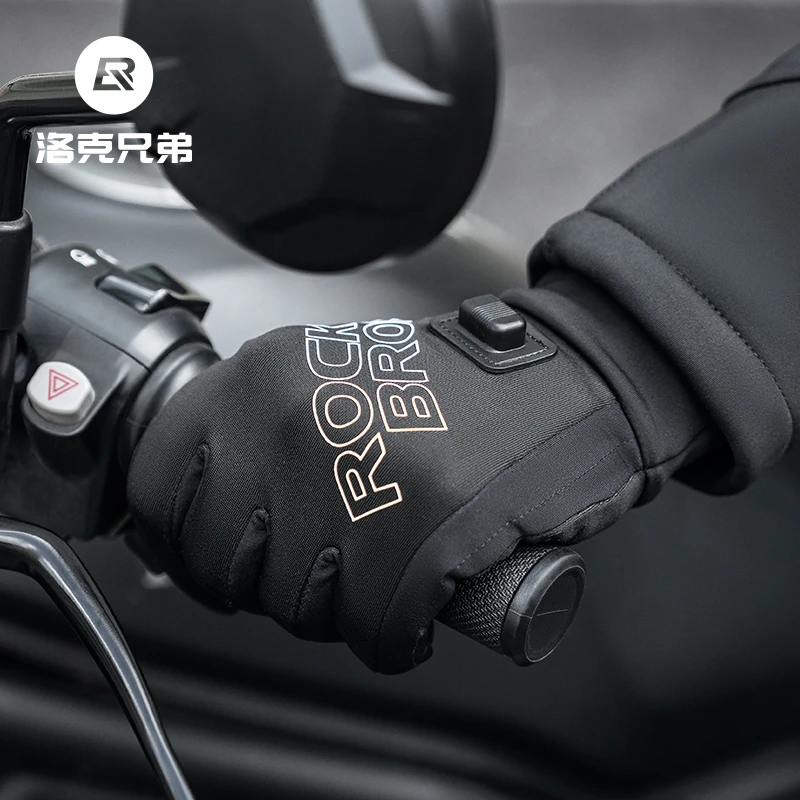 洛克兄弟加热保暖骑行手套抓绒充电发热电动车摩托车手套触屏冬季