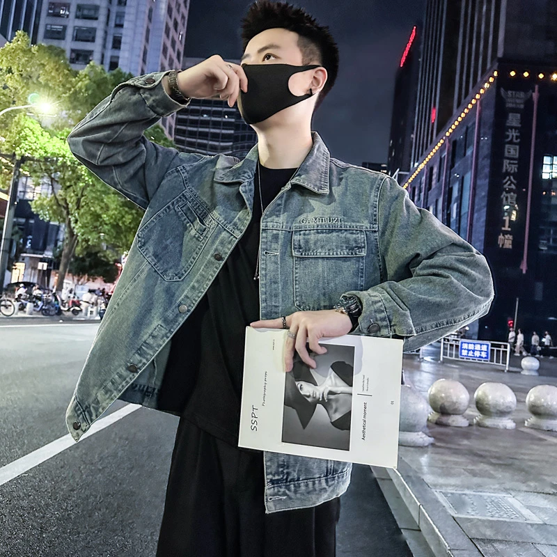 潮牌牛仔外套男士秋季新款男款翻领夹克春秋百搭男装潮流痞帅外衣