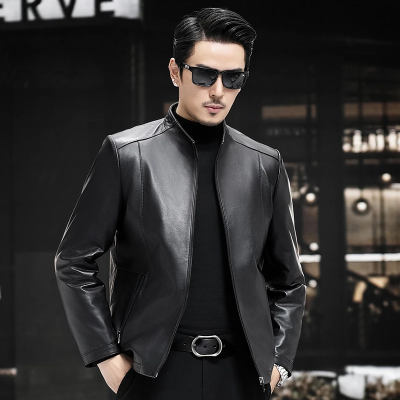 2352 头层牛皮立领羽绒内胆海宁真皮皮衣修身男士皮夹克男装外套