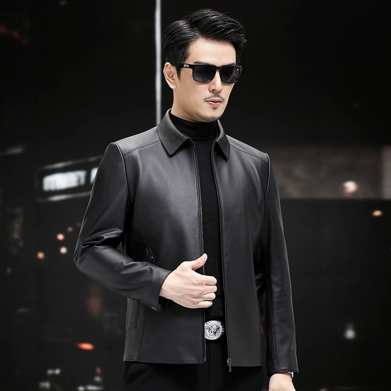 2321YR 牛皮羊毛翻领白鸭绒内胆海宁真皮皮衣男休闲短款皮夹克