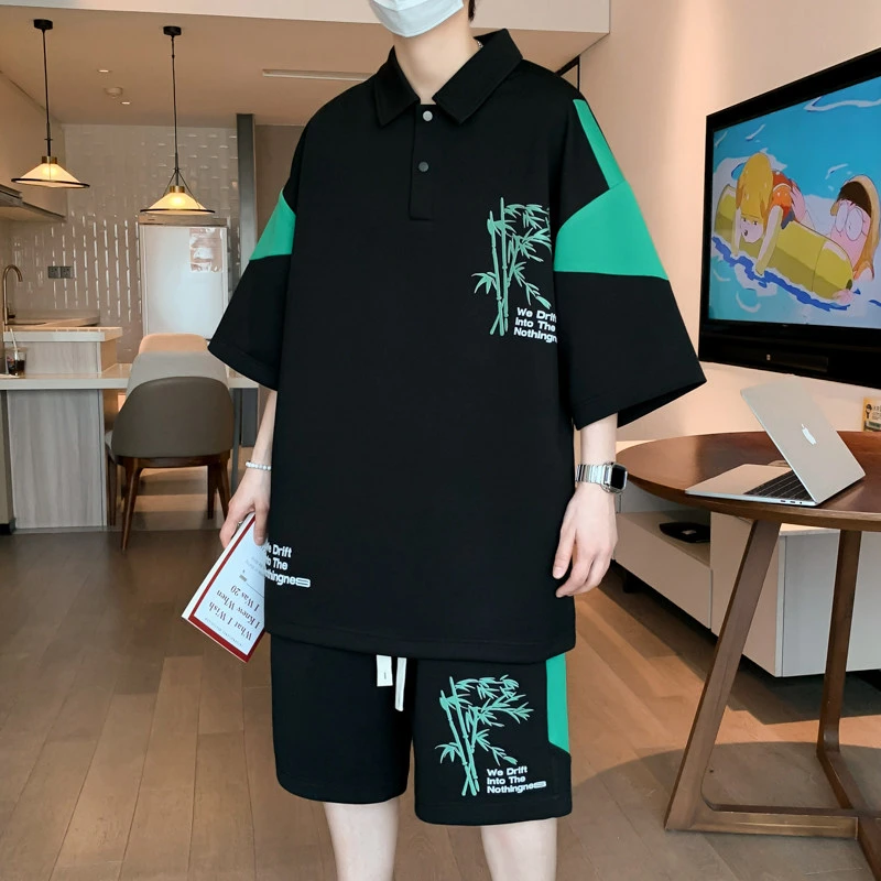 polo衫套装男青少年夏季短袖短裤搭配初高中学生冰丝五分裤两件套