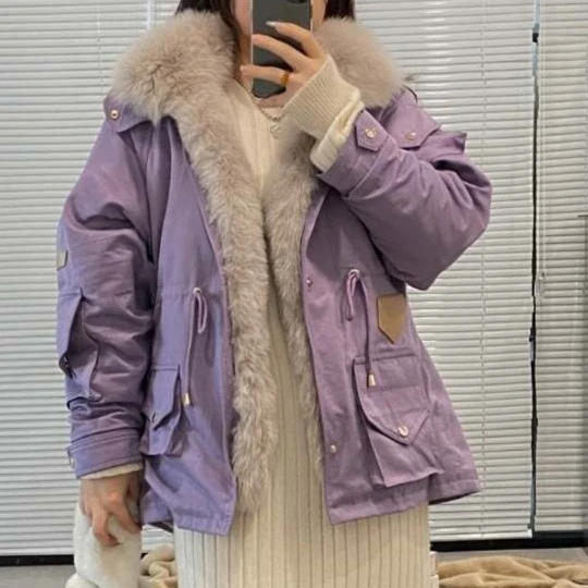 【年中大促】大奕微胖定制 宽松狐狸毛领外套女加绒加厚DM21260