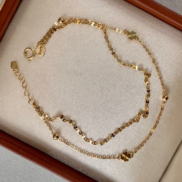 CFJEW 18K金【浅金色素金幸运草】手链调节链双层设计时尚单戴叠戴