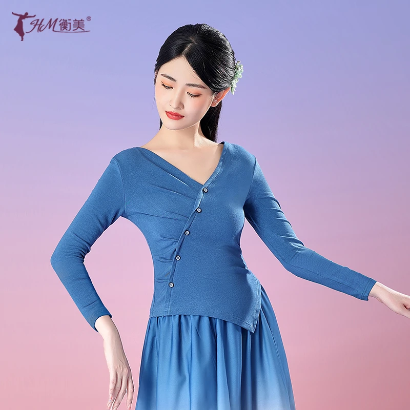 舞蹈练功服上衣女中袖v领修身现代中国古典舞形体训练服跳舞服装