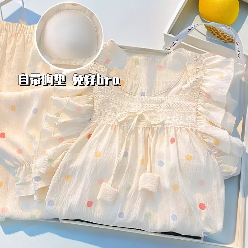 公主蕾丝云朵棉波点带胸垫睡衣女春秋甜美可爱长袖女士家居服套装