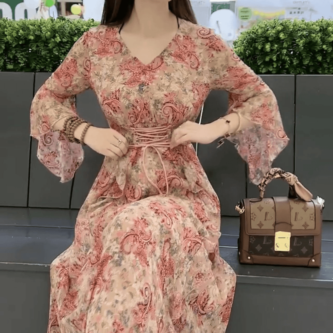 欧货网红爆款夏季雪纺印花连衣裙新款设计感收腰显瘦长裙洋气百搭